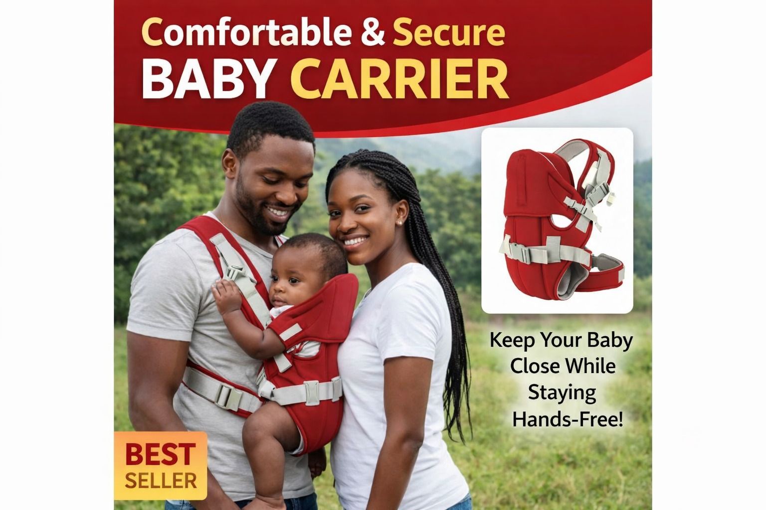 Bold Red Ergonomic Baby Carrier – Breathable, Adjustable | FREE Pair of Breast Pads