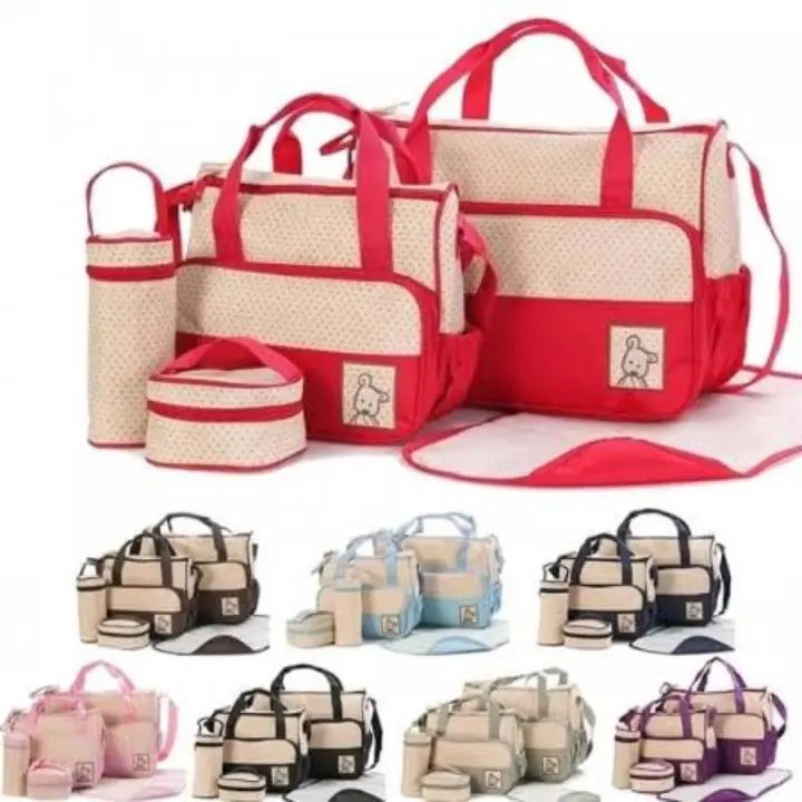 5 in 1 Baby Diaper Bag Set – Large Capacity Organizer with Bottle Holder, Food Bag, Nappy Pad & More | Durable, Stylish & Multi-Functional (Microfiber PVC)