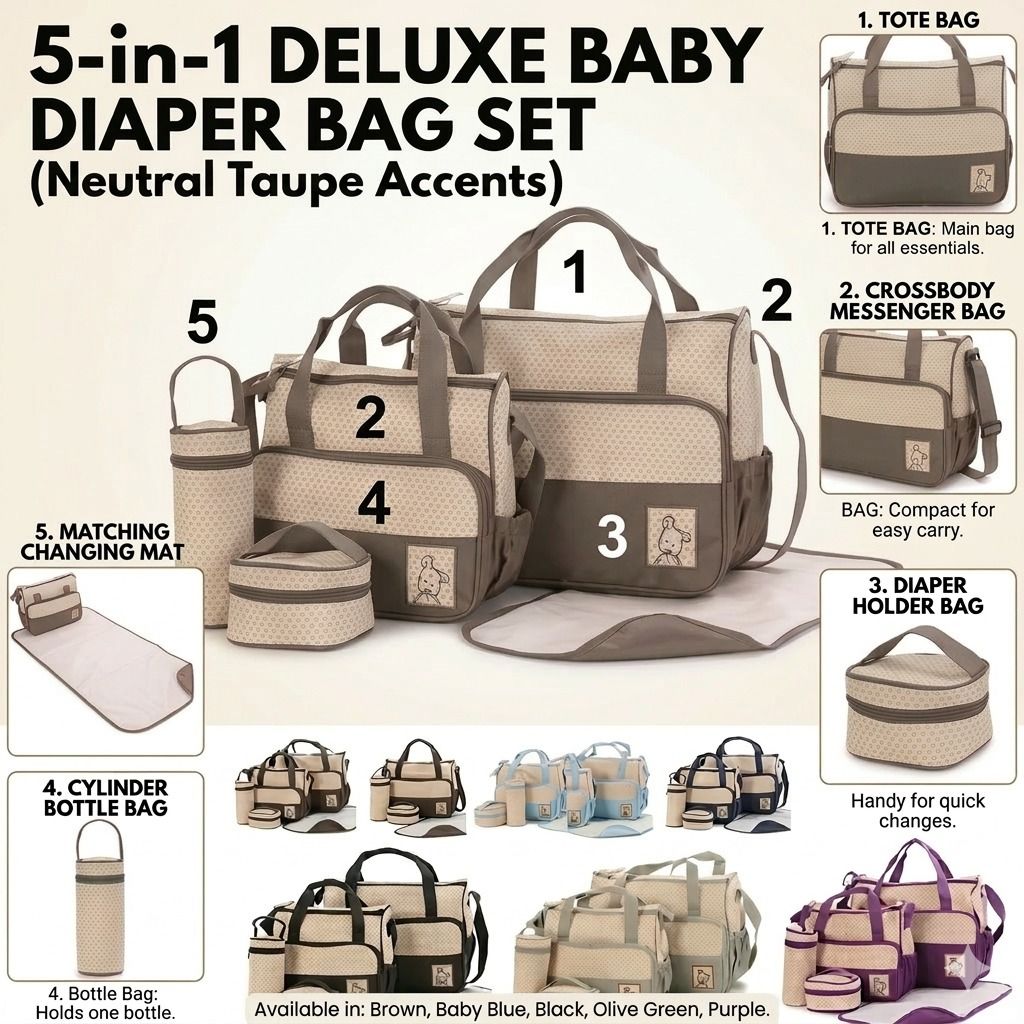 5 in 1 Baby Diaper Bag Set – Large Capacity Organizer with Bottle Holder, Food Bag, Nappy Pad & More | Durable, Stylish & Multi-Functional (Microfiber PVC)