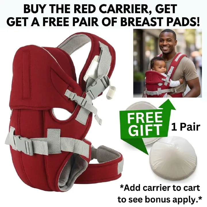 Bold Red Ergonomic Baby Carrier – Breathable, Adjustable | FREE Pair of Breast Pads
