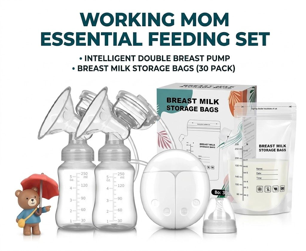 Complete Breastfeeding Combo – BPA FREE Double Electric Breast Pump Pain Free & 30pcs Breast Milk Storage Bags | Portable, Hygienic, BPA-Free, Strong Suction, Comfortable Breastfeeding Solution.