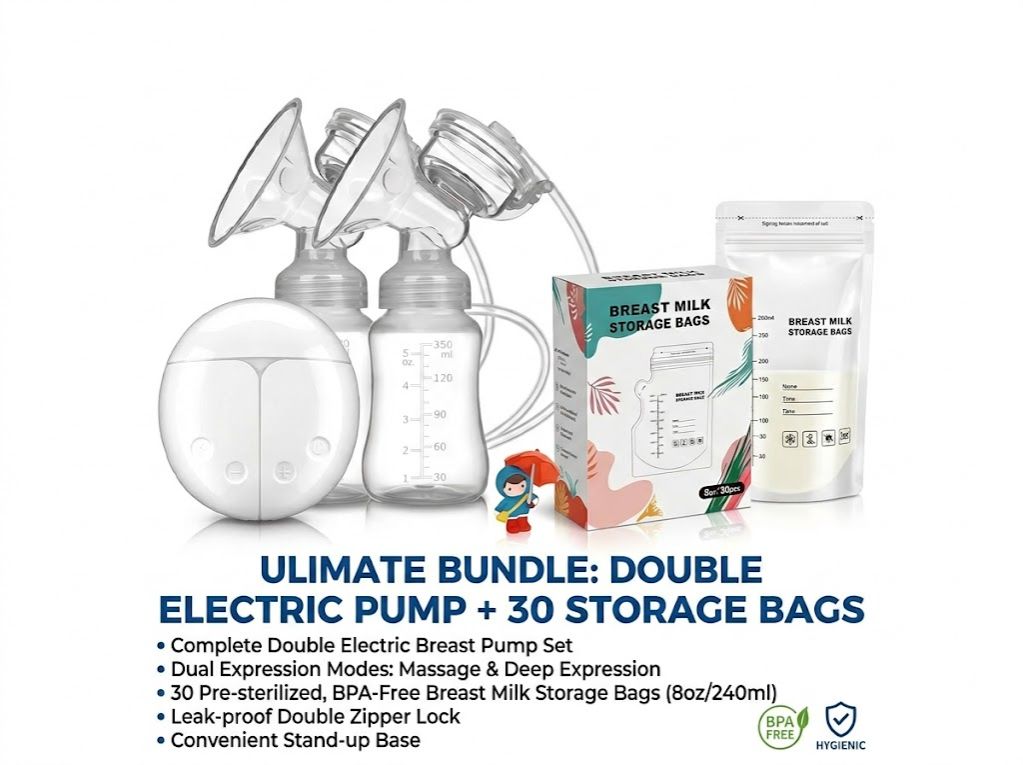 Complete Breastfeeding Combo – BPA FREE Double Electric Breast Pump Pain Free & 30pcs Breast Milk Storage Bags | Portable, Hygienic, BPA-Free, Strong Suction, Comfortable Breastfeeding Solution.
