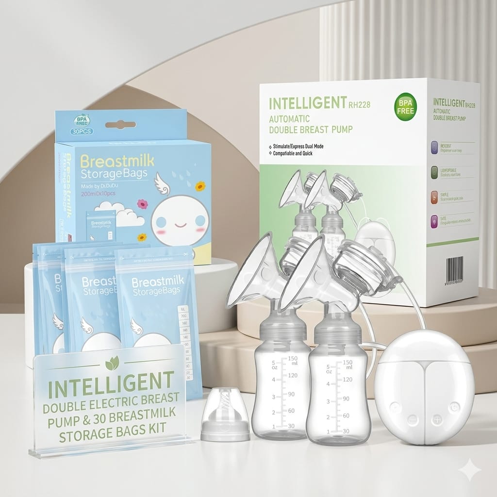 Complete Breastfeeding Combo – BPA FREE Double Electric Breast Pump Pain Free & 30pcs Breast Milk Storage Bags | Portable, Hygienic, BPA-Free, Strong Suction, Comfortable Breastfeeding Solution.