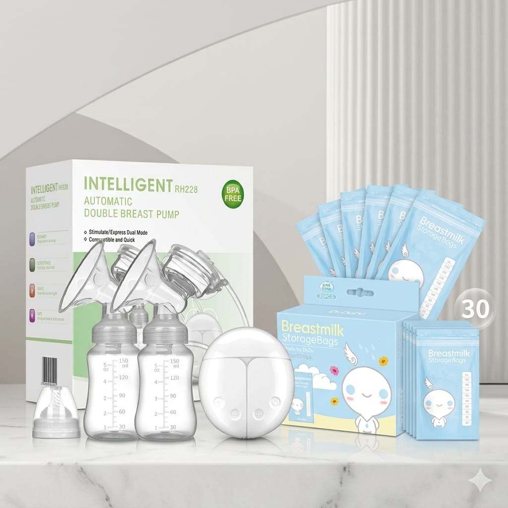 Complete Breastfeeding Combo – BPA FREE Double Electric Breast Pump Pain Free & 30pcs Breast Milk Storage Bags | Portable, Hygienic, BPA-Free, Strong Suction, Comfortable Breastfeeding Solution.