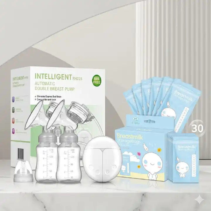 Complete Breastfeeding Combo – BPA FREE Double Electric Breast Pump Pain Free & 30pcs Breast Milk Storage Bags | Portable, Hygienic, BPA-Free, Strong Suction, Comfortable Breastfeeding Solution.