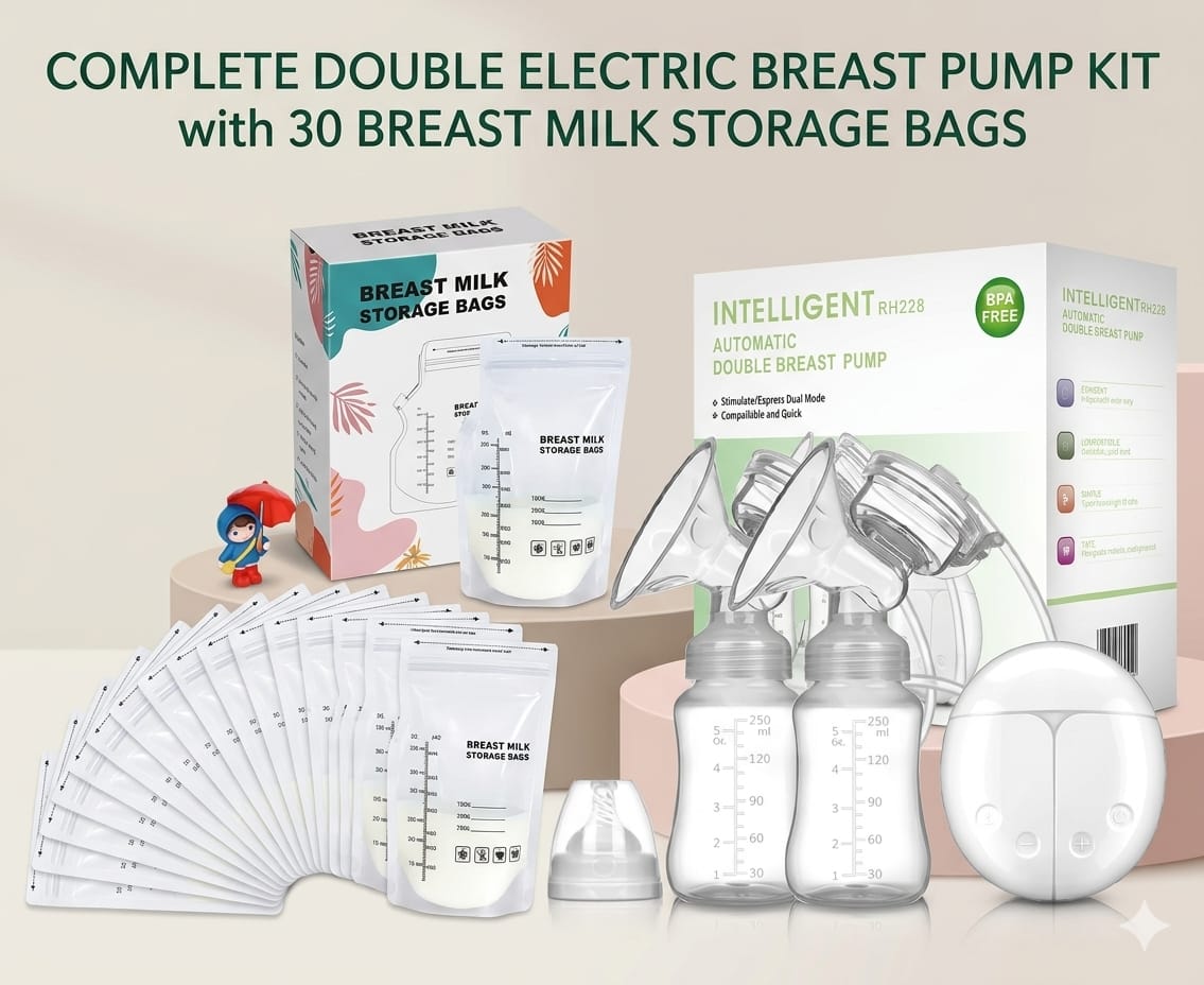 Complete Breastfeeding Combo – BPA FREE Double Electric Breast Pump Pain Free & 30pcs Breast Milk Storage Bags | Portable, Hygienic, BPA-Free, Strong Suction, Comfortable Breastfeeding Solution.