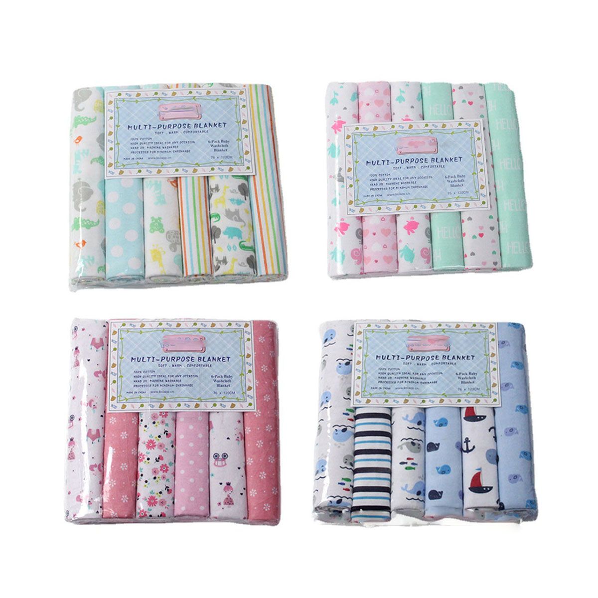 Fashion 6PACK Lovely Cotton Baby Shawl Set | Soft Flannel Receiving Blankets for Newborn Baby Boy | Multi-purpose Warm Swaddle Wraps | Gentle Cotton Baby Bedding Gift Set