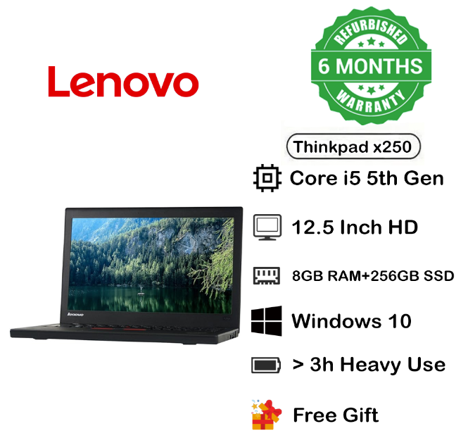 ( FREE WIRELES MOUSE)  Refurbished Laptop Lenovo Thinkpad x250 Core i5 8GBRAM+256GB SSD +12.5"  SCREEN Windows 10 / ENGLISH KEYBOARD  Notebook Black