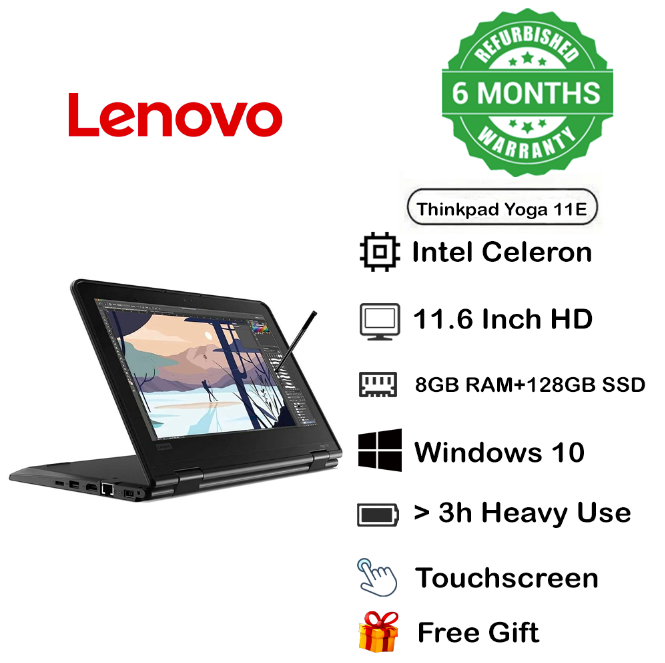(FREE BAG )  REFURBISHED  LENOVO THINKPAD YOGA 11E TOUCHSCREEN 8GB RAM  128GB SSD ,  2 IN 1 LAPTOP , 5TH GENERATION  X360 COMPUTER, INSTALLED WINDOWS  10 PRO,