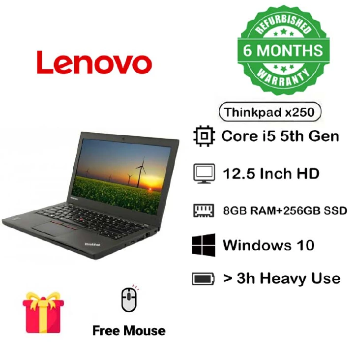 ( FREE WIRELES MOUSE)  Refurbished Laptop Lenovo Thinkpad x250 Core i5 8GBRAM+256GB SSD +12.5"  SCREEN Windows 10 / ENGLISH KEYBOARD  Notebook Black