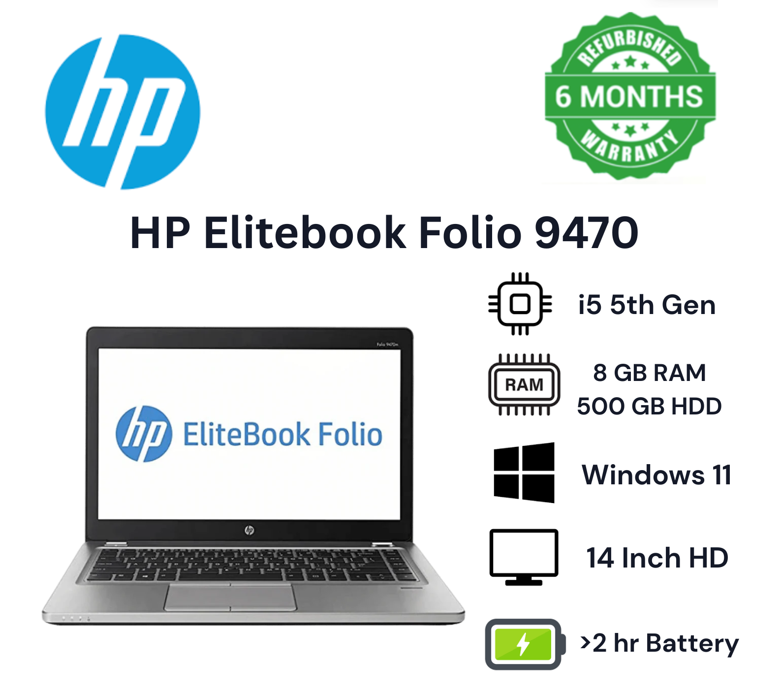 (SPECIAL OFFER) HP ELITEBOOK FOLIO 9470 CORE I5 8GB RAM 500GB HDD,14 "INCH ,5TH GENERATION ,REFURBISHED LAPTOP,SILVER, WINDOWS 11