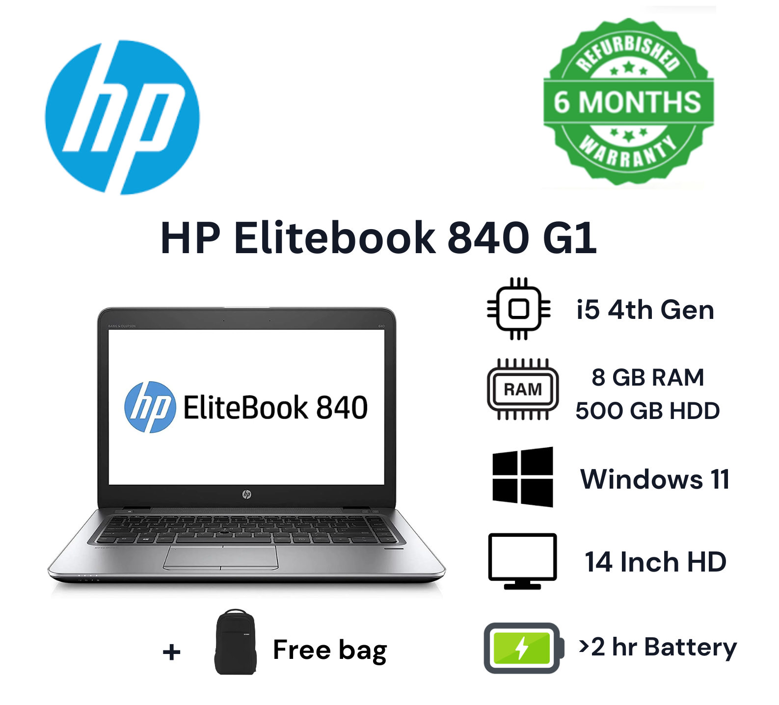 (FREE BAG) HP EliteBook 840 G1 | Core i5 | 8GB RAM | 500GB HDD | Refurbished Cheap Laptop Computer | Notebook Black 14 inch