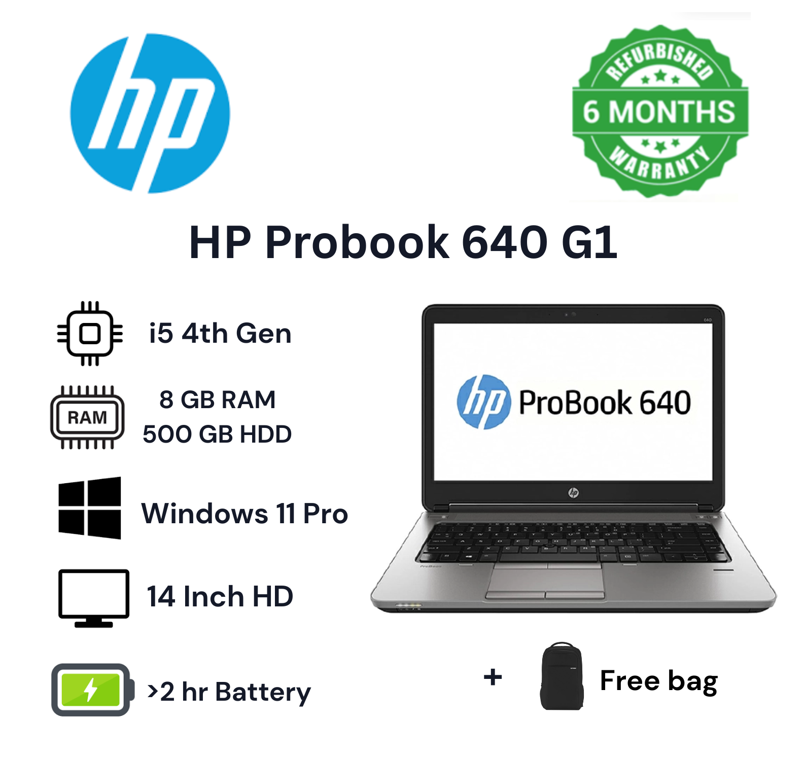 (FREE LAPTOP BAG) REFURBISHED HP PROBOOK 640 G1 CORE I5 8GB RAM  500GB HDD ,LAPTOP, 14 INCH INSTALLED WINDOWS 11 PRO, NOTEBOOK