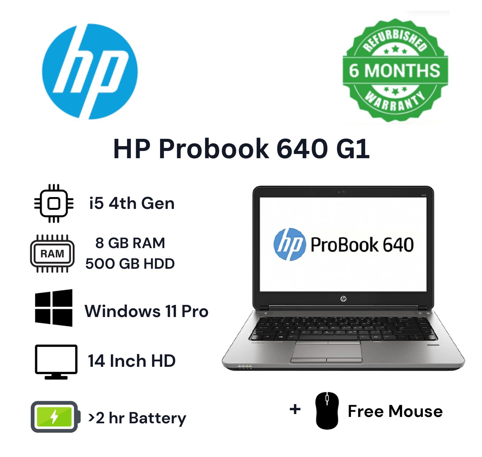 (FREE MOUSE) REFURBISHED HP PROBOOK 640 G1 CORE I5 8GB RAM  500GB HDD ,LAPTOP, 14 INCH INSTALLED WINDOWS 11 PRO, NOTEBOOK