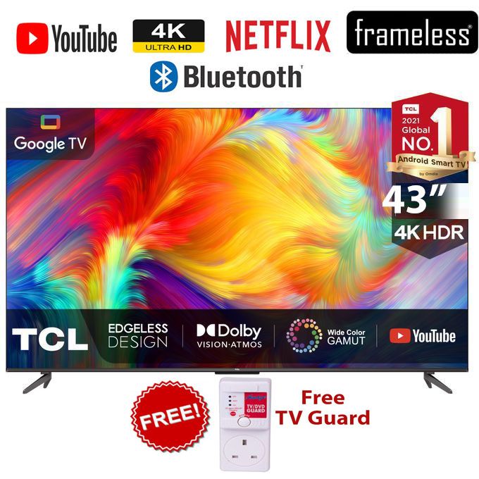 TCL 43" Inch-P635-BLUETOOTH-ENABLED ULTRA HD 4K-Smart & Digital ANDROID/GOOGLE TELEVISION-NETFLIX-YOUTUBE+2 YEARS WARRANTY+FREE TV GUARD