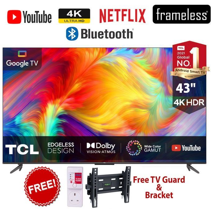 TCL 43" Inch-P635-BLUETOOTH-ENABLED ULTRA HD 4K-Smart & Digital ANDROID/GOOGLE TELEVISION-NETFLIX-YOUTUBE+2 YEARS WARRANTY+FREE TILT WALL BRACKET+TV GUARD