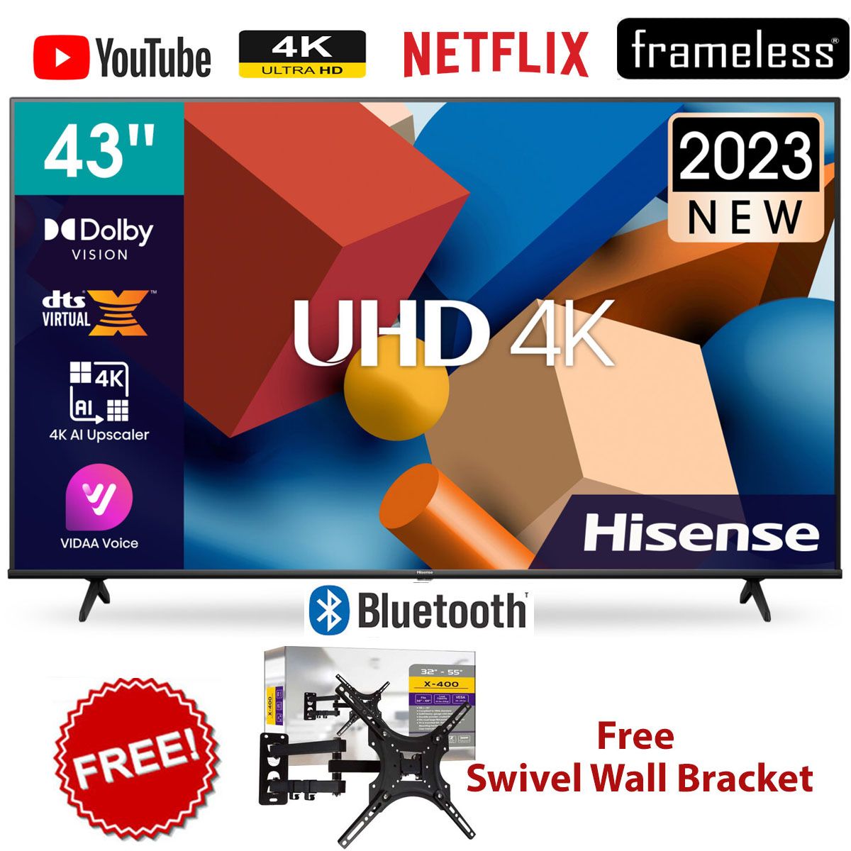 Hisense 43A6K- 43" Inch FRAMELESS,VIDAA OS,DOBLY AUDIO, SMART TV,BLUETOOTH-ENABLED,4K ULTRA HD  TV,NETFLIX,YOUTUBE+2 YEARS WARRANTY+FREE 360 WALL BRACKET