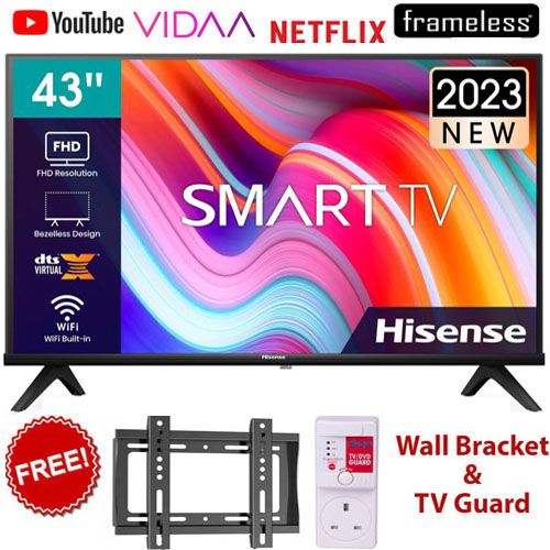 HISENSE 43A4K- 43" Inch FRAMELESS,VIDAA OS,DOBLY AUDIO, SMART TV,BLUETOOTH,FULL HD  TV,NETFLIX,YOUTUBE+2 YEARS WARRANTY+FREE WALL BRACKET+TV GUARD