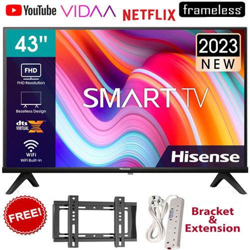 HISENSE 43A4K- 43" Inch FRAMELESS,VIDAA OS,DOBLY AUDIO, SMART TV,BLUETOOTH,FULL HD  TV,NETFLIX,YOUTUBE+2 YEARS WARRANTY+FREE WALL BRACKET+EXTENSION