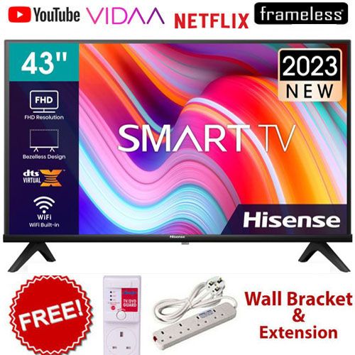 HISENSE 43A4K- 43" Inch FRAMELESS,VIDAA OS,DOBLY AUDIO, SMART TV,BLUETOOTH,FULL HD  TV,NETFLIX,YOUTUBE+2 YEARS WARRANTY+FREE TV POWER GUARD+EXTENSION