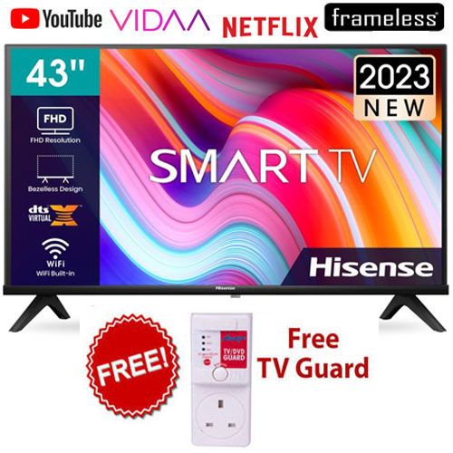 HISENSE 43A4K- 43" Inch FRAMELESS,VIDAA OS,DOBLY AUDIO, SMART TV,BLUETOOTH,FULL HD  TV,NETFLIX,YOUTUBE+2 YEARS WARRANTY+FREE TV POWER GUARD