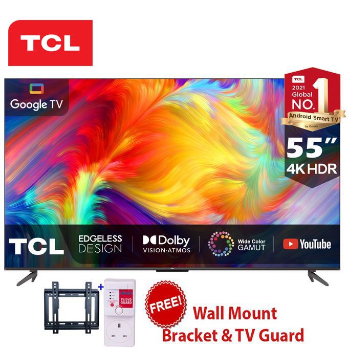 TCL 55'' 4K ULTRA HD GOOGLE TV, VOICE CONTROL, NETFLIX, BLUETOOTH,DOLBY AUDIO,HDR, 55P635+WALL BRACKET+TV GUARD+2 YEARS WARRANTY