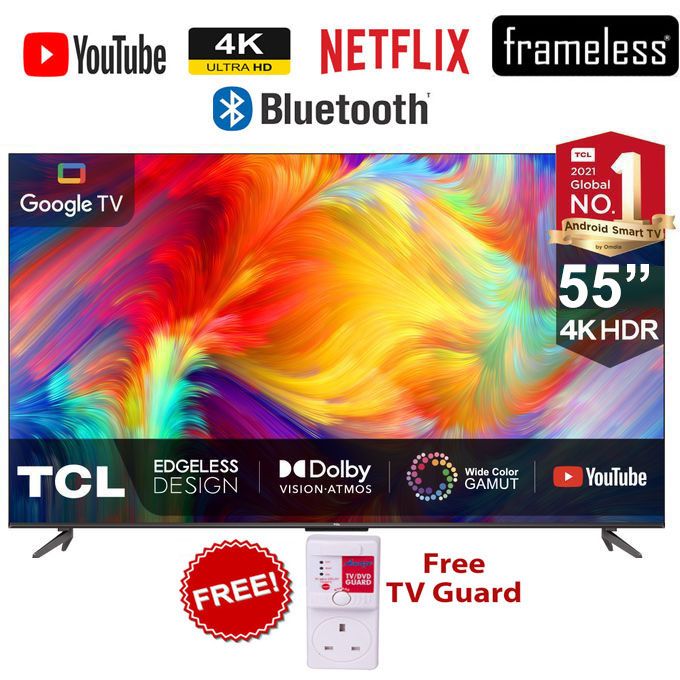 TCL 55'' 4K ULTRA HD GOOGLE TV, VOICE CONTROL, NETFLIX, BLUETOOTH,DOLBY AUDIO,HDR, 55P635+FREE TV GUARD+2 YEARS WARRANTY