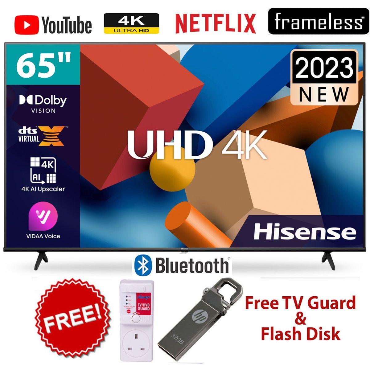 Hisense 65" Inch,ULTRA HD 4K,SMART TV,BLUETOOTH-ENABLED,VIDAA OS+TV GUARD+32GB FLASH DISK
