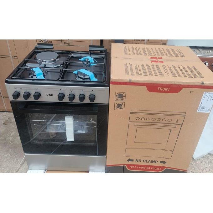 VON 60cm by 55cm, 3 Gas Jet Burners + 1 Hot Plate Standing Cooker with Electric Oven+1 YEAR WARRANTY