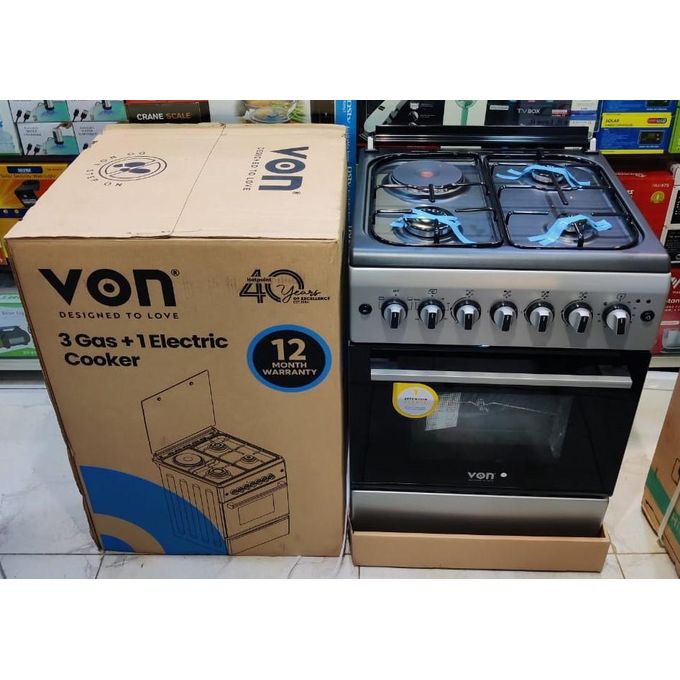 VON 58cm by 58cm, 3 Gas Jet Pool Burners + 1 Electric Hotplate+ Electric Oven -  Graphite Grey