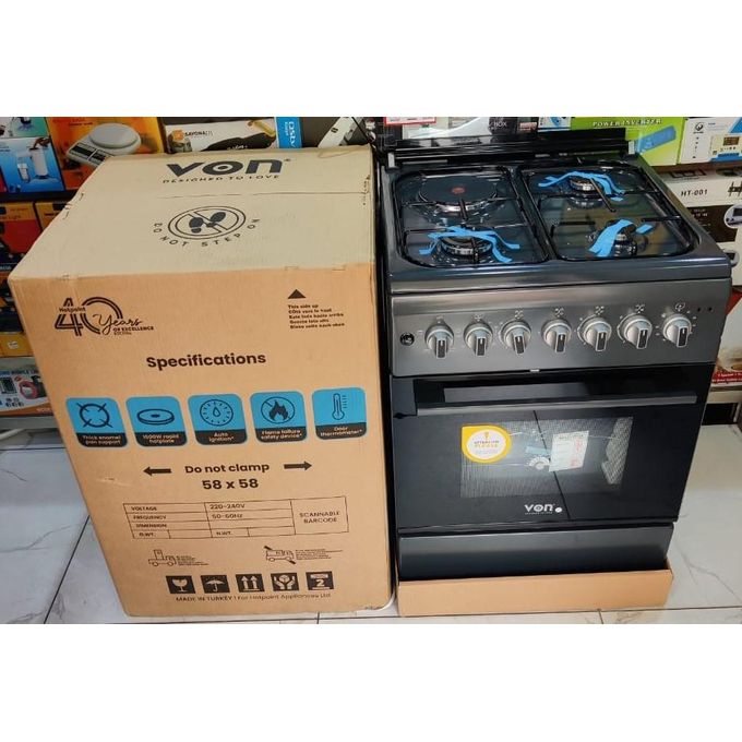 VON 58cm by 58cm, 3 Gas Jet Pool Burners + 1 Electric Hotplate+ Electric Oven -  Graphite Grey