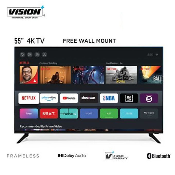 Vision Plus 55" 4K Frameless, Netflix Official Smart Content TV +Free Wall Mount+2 YEARS WARRANTY