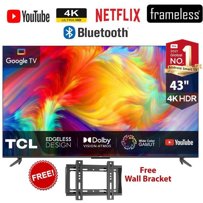 TCL 43" P635 4K HDR Google TV ,BLUETOOTH TV,FRAMELESS,DOLBY AUDIO,NETFLIX/YOUTUBE+2YEARS WARRANTY+FREE WALL BRACKET