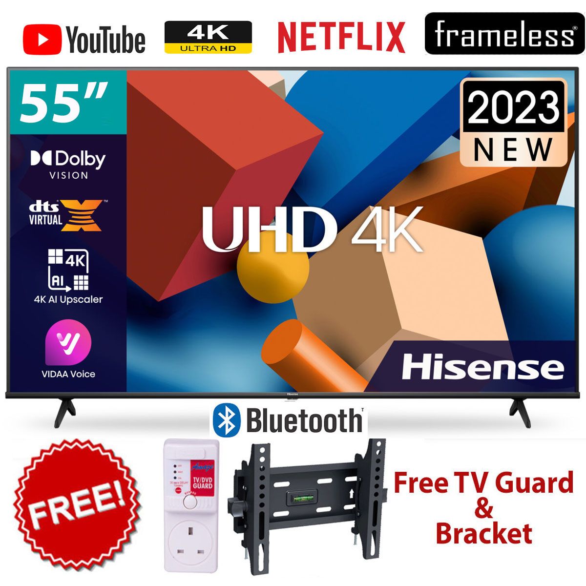 Hisense 55" Inch,55A6HKEN,FRAMELESS,DOLBY AUDIO SMART-Television,UHD 4K,BLUETOOTH 5.0-2024 MODEL+FREE TV GUARD+TILT BRACKET