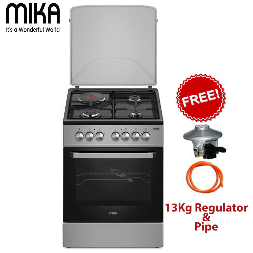 MIKA Standing Cooker, 50cm x 60cm, 3 Gas Pipe Burners + 1 RAPID Hot Plate, Button Ignition, 3 Function Electric Oven, Black Hob, Silver +FREE GIFTS