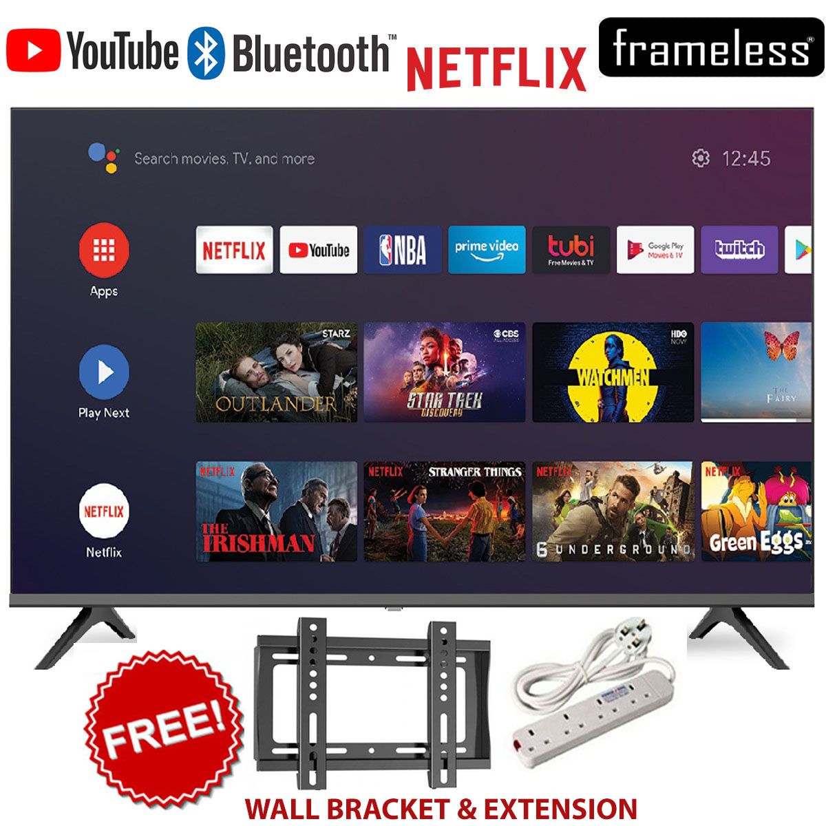 AMTEC 43" INCH FRAMELESS,BLUETOOTH-ENABLED, FULL- HD SMART TV ANDROID TV NETFLIX ,YOUTUBE TELEVISION INBUILT DECODER, BUILT-IN WIFI, APP STORE 1GB-RAM 8GB-ROM 2*USB PORTS,3*HDMI+BRACKET+EXTENSION