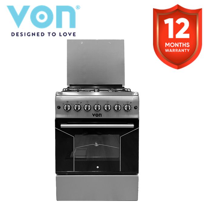 Von Standing Cooker, 60cm x 60cm, 3 Gas Pool Jet Burners + 1 RAPID Hot Plate, FLAME FAILURE SAFETY, 5 Function Electric Oven, Rotisserie, Inox Grey+1YEAR WARRANTY