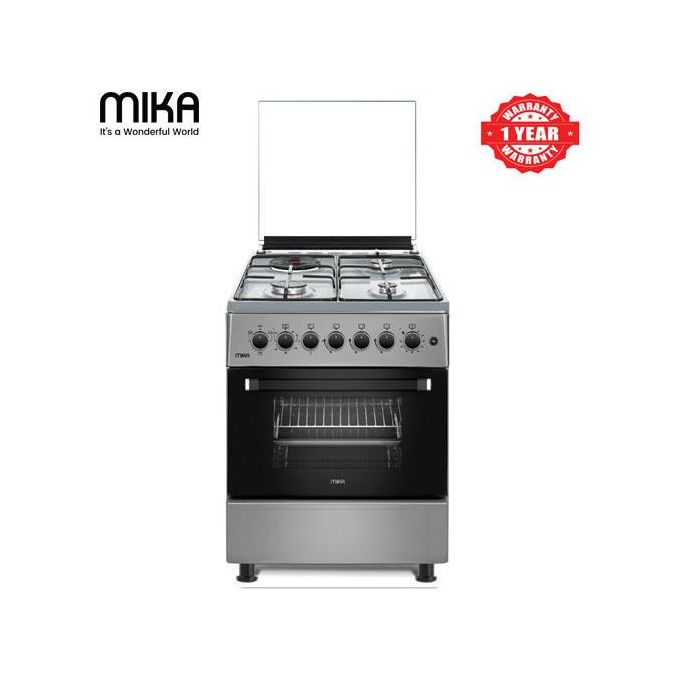 Mika 58cm*58cm, 3 Gas Jet Burners + 1 RAPID Hot Plate, Free Standing Cooker with Electric Oven, Silver