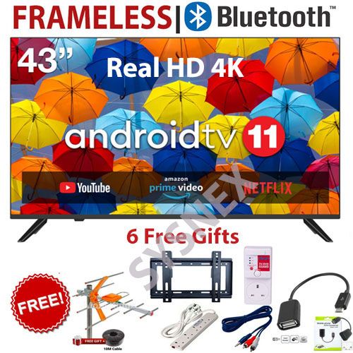 BLUETOOTH SOLARMAX 43"  INCH FRAMELESS HD 4K SMART TV ANDROID TELEVISION NETFLIX ,YOUTUBE 43 INCH BUILT-IN WIFI, APP STORE 1GB-RAM 8GB-ROM + 6 EXTRA ACCESSORIES