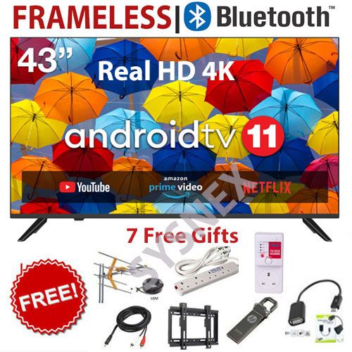 BLUETOOTH SOLARMAX 43" INCH FRAMELESS HD 4K SMART TV ANDROID TELEVISION NETFLIX ,YOUTUBE 43 INCH BUILT-IN WIFI, APP STORE 1GB-RAM 8GB-ROM + 6 EXTRA ACCESSORIES