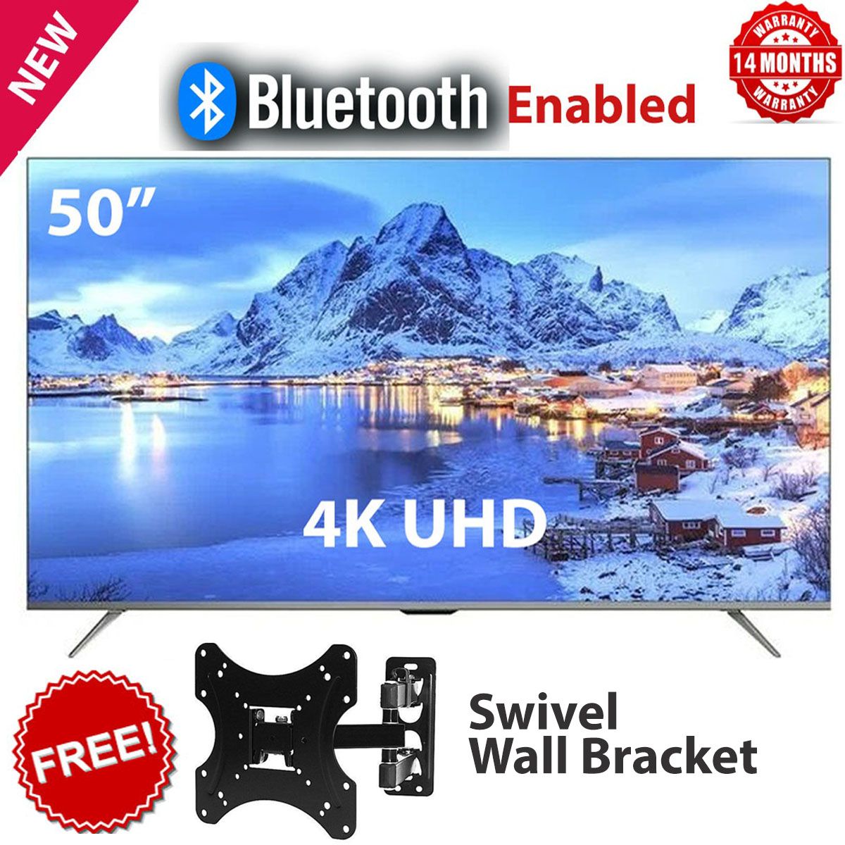 GLAZE 50" Inch Frameless Television Ultra HD Android Smart TV with Bluetooth Netflix Youtube 1.5G+8G USB/SD WIFI Television Multifuctional TV+FREE 360 SWIVEL BRACKET