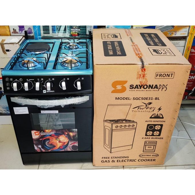 [NEW ARRIVAL ] Sayona Free Standing 50CM X 50CM , 3 GAS JET BURNERS+1 ELECTRIC HOTPLATE Cooker,60L Electric Oven,BLACK+FREE 13KG REGULATOR+GAS PIPE