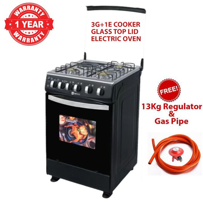 [NEW ARRIVAL ] Sayona Free Standing 50CM X 50CM , 3 GAS JET BURNERS+1 ELECTRIC HOTPLATE Cooker,60L Electric Oven,BLACK+FREE 13KG REGULATOR+GAS PIPE