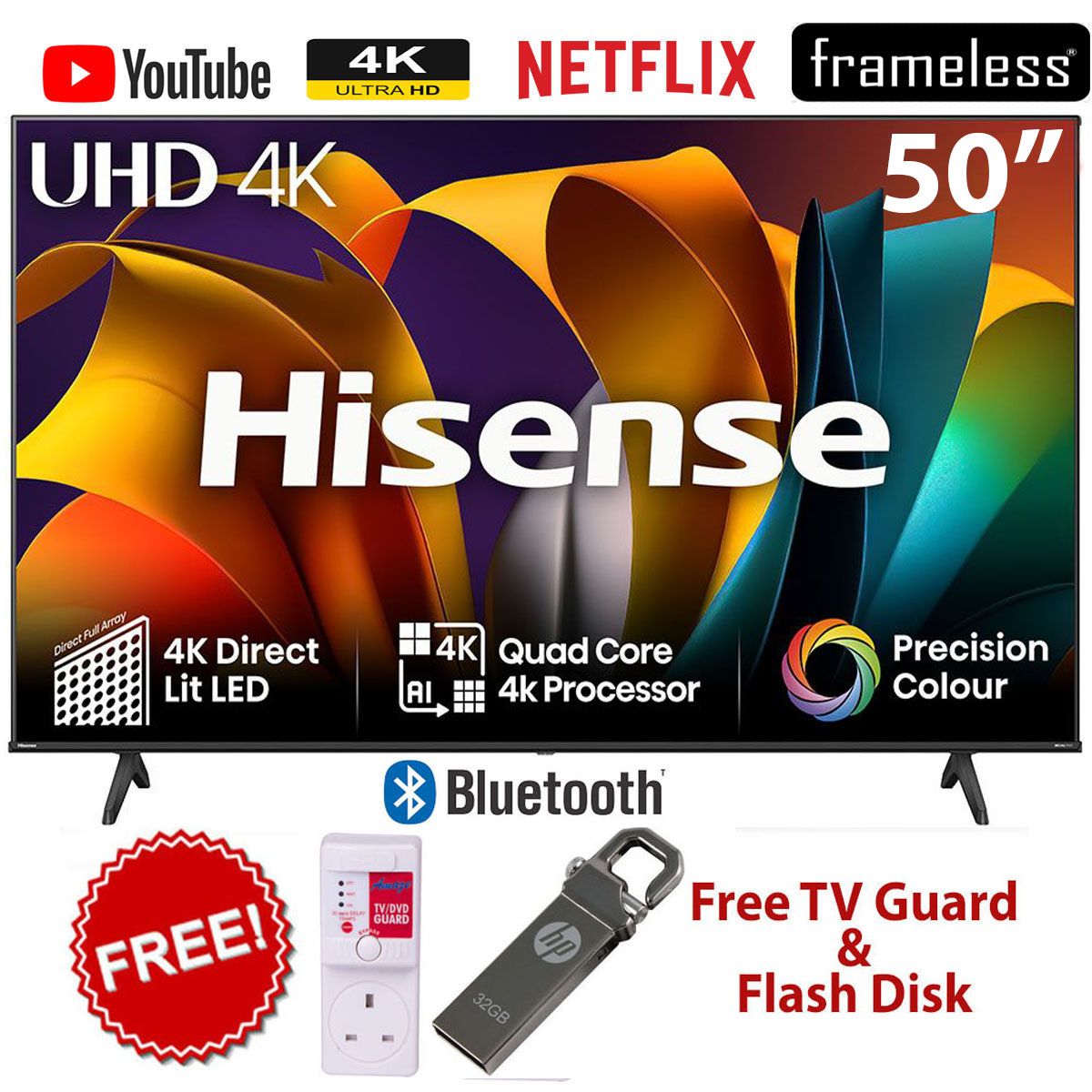 HISENSE 50A6N(2025 MODEL)- 50" Inch FRAMELESS,VIDAA OS,DOBLY AUDIO, SMART TV,BLUETOOTH,4K ULTRA HD  TV,NETFLIX,YOUTUBE+2 YEARS WARRANTY+FREE TV GUARD+32GB FLASH DISK