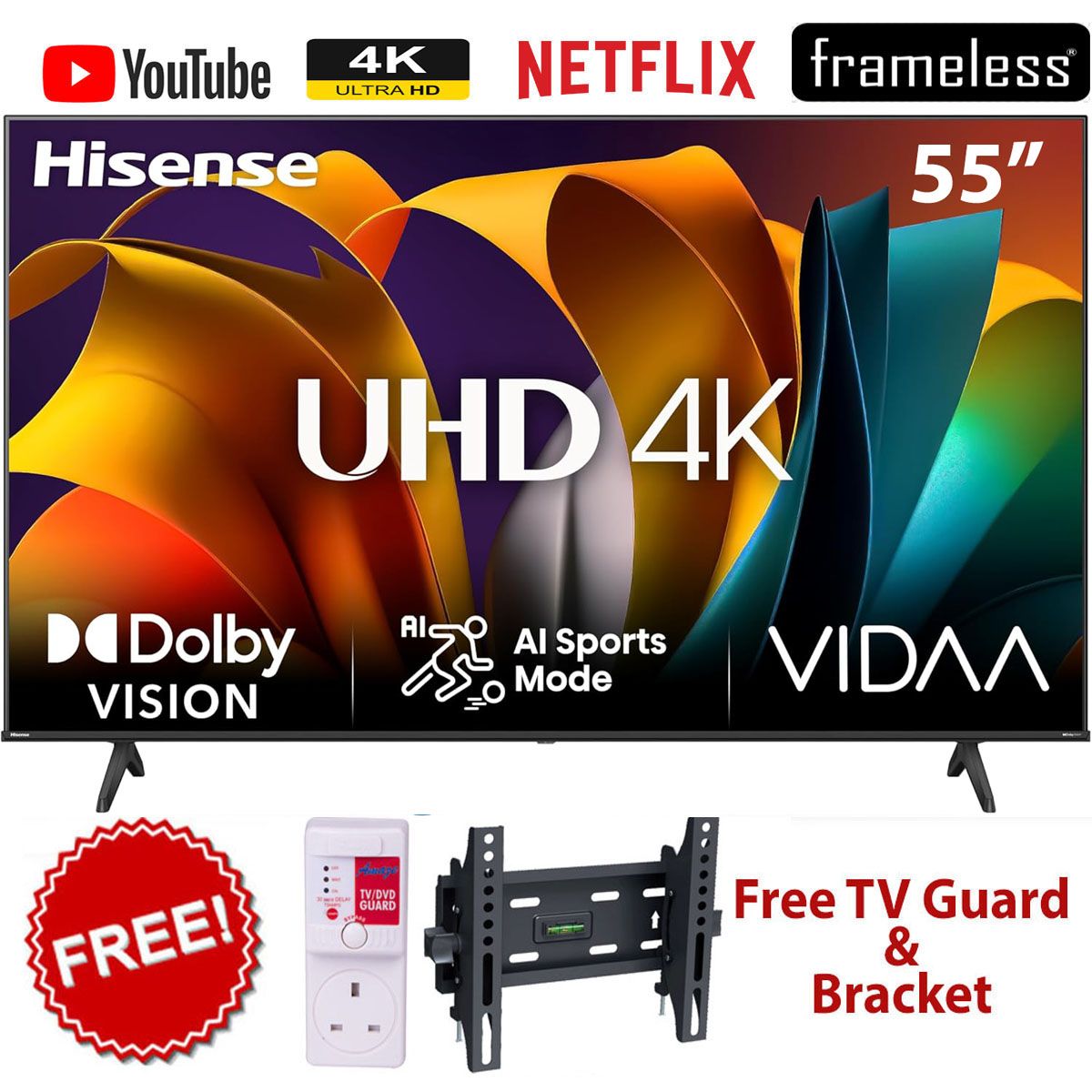 HISENSE 55'' Inch Smart UHD 4K Frameless LED TV, YouTube, Netflix -2025 MODEL+FREE GIFTS