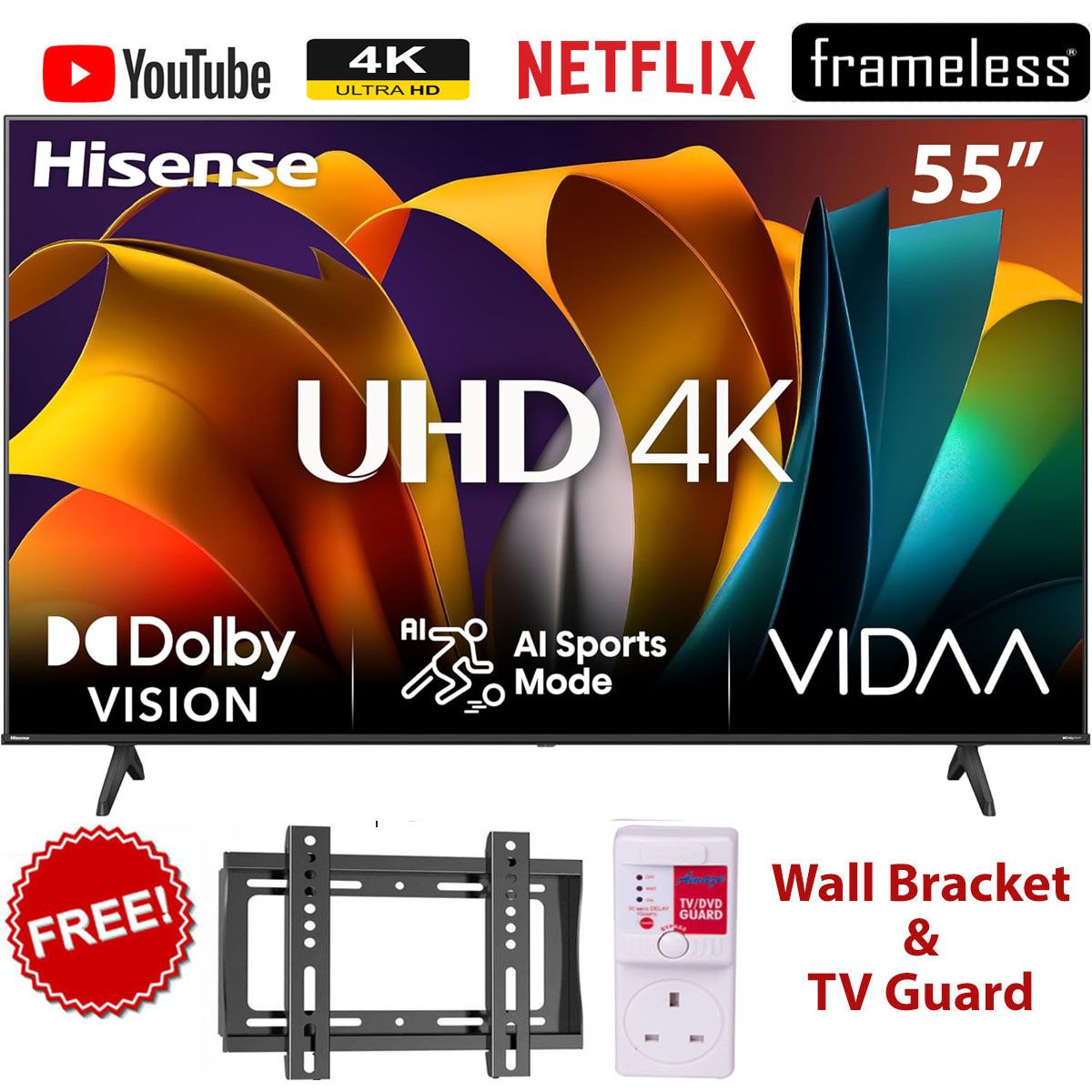 Hisense 55A6N 55'' Inch  A6 Series Inches Smart UHD 4K HDR Frameless LED TV (2025)+FREE WALL BRACKET+TV GUARD