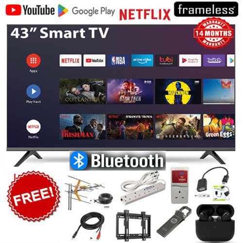 BLUETOOTH-ENABLED VITRON 43" INCH SMART TV FRAMELESS FHD SMART TV ANDROID TELEVISION NETFLIX ,YOUTUBE 43 INCH BUILT-IN WIFI, APP STORE,INBUILT DECODER+8 FREE GIFTS