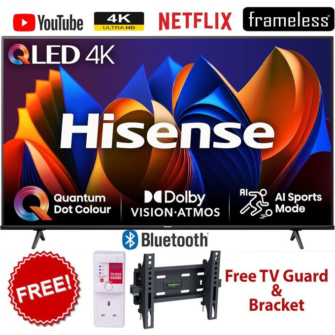 Hisense 55 Inch QLED 4K Smart TV – HDR, Dolby Vision, Netflix Ready+FREE TILT WALL BRACKET+TV POWER GUARD