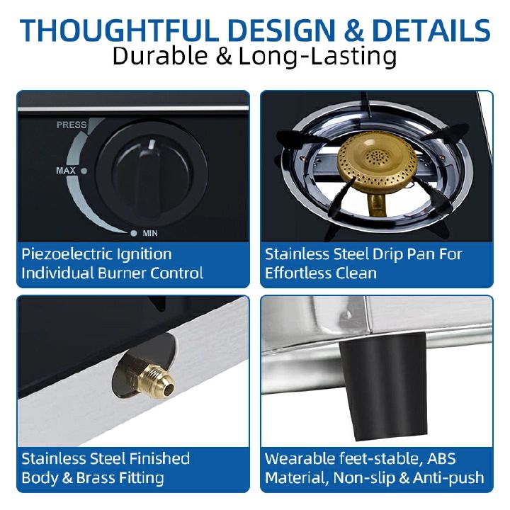 AILYONS Glass Top Double Burner Gas Cooker+FREE 13KG REGULATOR+PIPE+CLIPS(1YR WRTY)