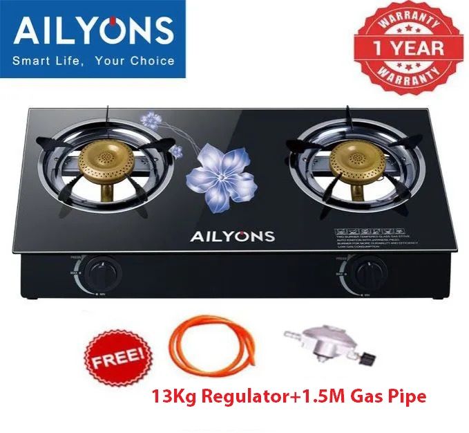 AILYONS GS014, 2 Burner Glass Top Gas Cooker & Infrared Double Burner+FREE 13KG REGULATOR+PIPE(1YR WRTY)